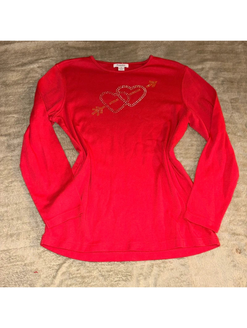 Red Long Sleeve Bedazzled T-Shirt with Heart and Arrows